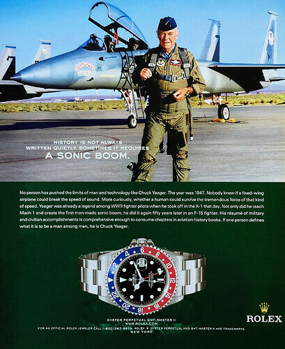 Chuck Yeager Rolex Pepsi GMT-Master Magazine ad, Glamourous Glennis