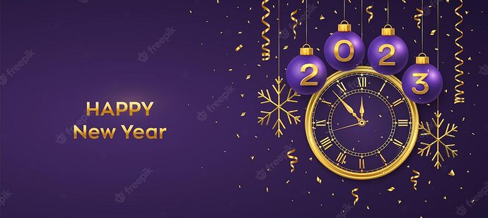 gelukkig-nieuwjaar-2023-hangende-paarse-kerstbalballen-met-realistische-gouden-3d-nummers-2023-en-sneeuwvlokken-horloge-met-romeinse-cijfers-en-aftellen-middernacht-vooravond-voor-nieuwjaar-merry-christmas-vector_127544-2168