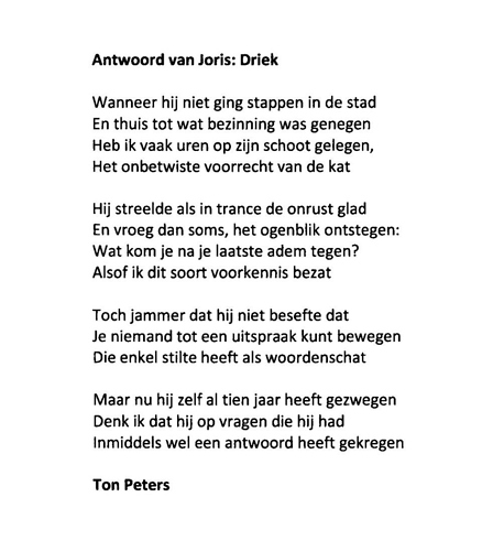 Antwoord van Joris Driek Ton Peters