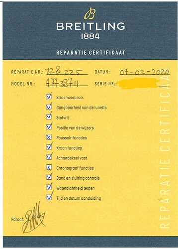Reparatie certificaat Breitling 2020