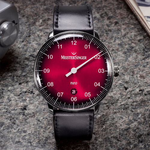 meistersinger-NE411D-neo-plus-sunburst-red-dial-mens-strap-watch-lifestyle
