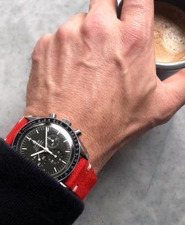 omega-speedmaster-on-red-watchbandit-suede-suede-by-rolopalooza-270x328