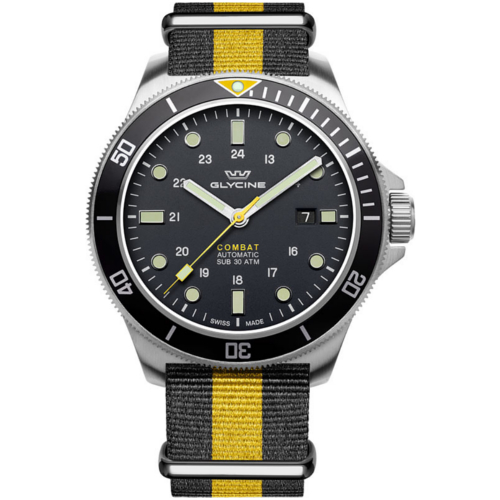 orologio-Glycine-GL0258-Combat-Sub-300-mt-ghiera-nera-quadrante-nero-cinturino-nato-nero-e-giallo-a